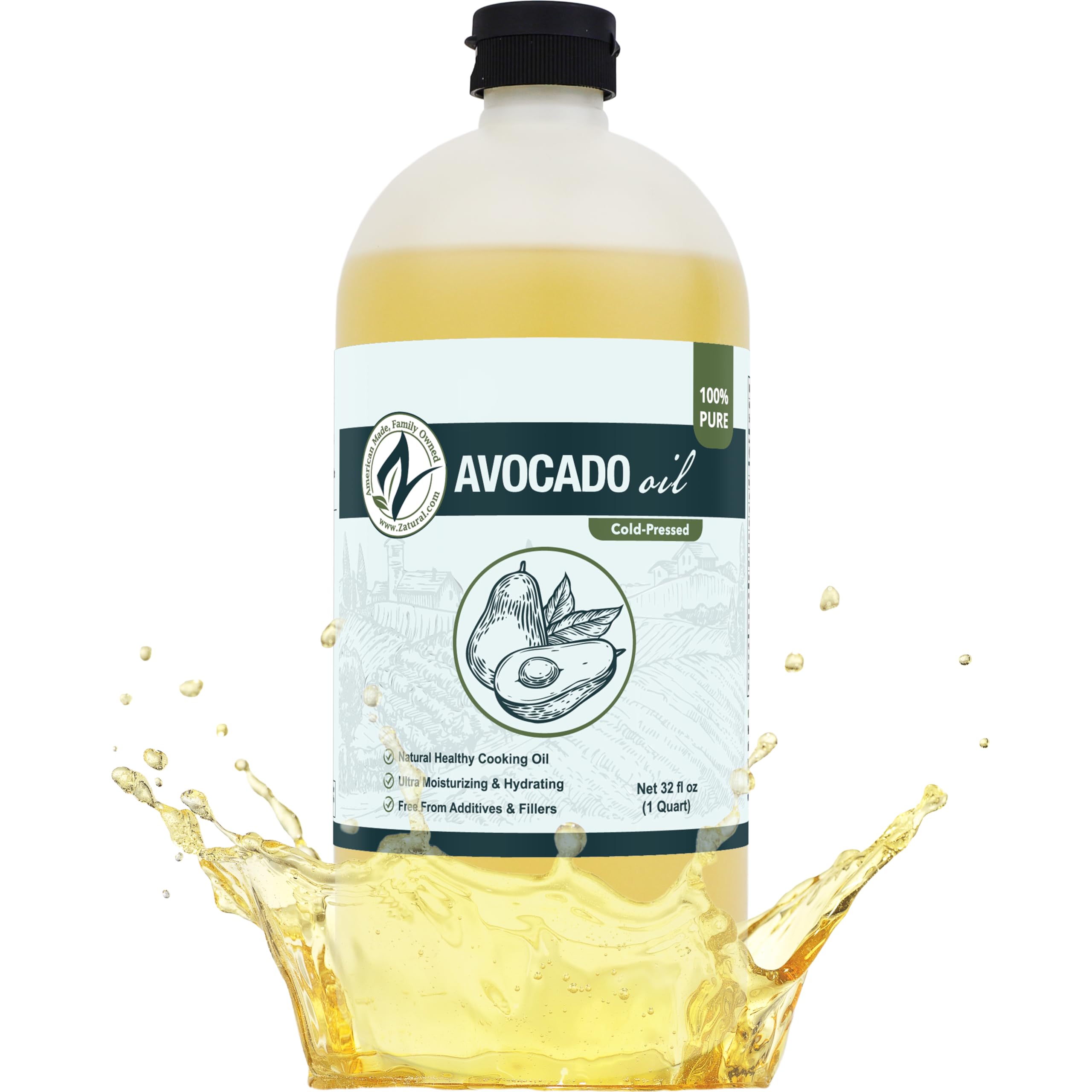 Zatural 100% Avocado Oil Pure Natural without Additives, Clean, Cold Pressed, Non-GMO, Vegan: For Cooking, Frying, Baking and for Sauces, Dressings, Marinades, Salads (32 Ounce)