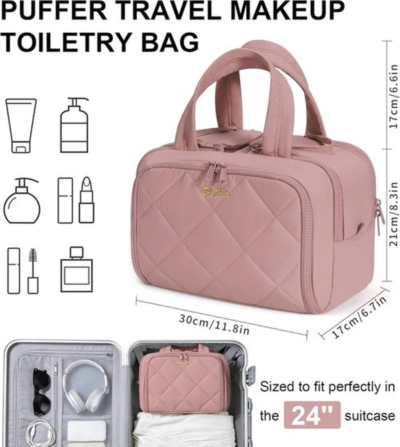 Skiennix Travel Toiletry Bag - Large Wide-Open Quilted Makeup Organizer | Water-Resistant Dark Pink