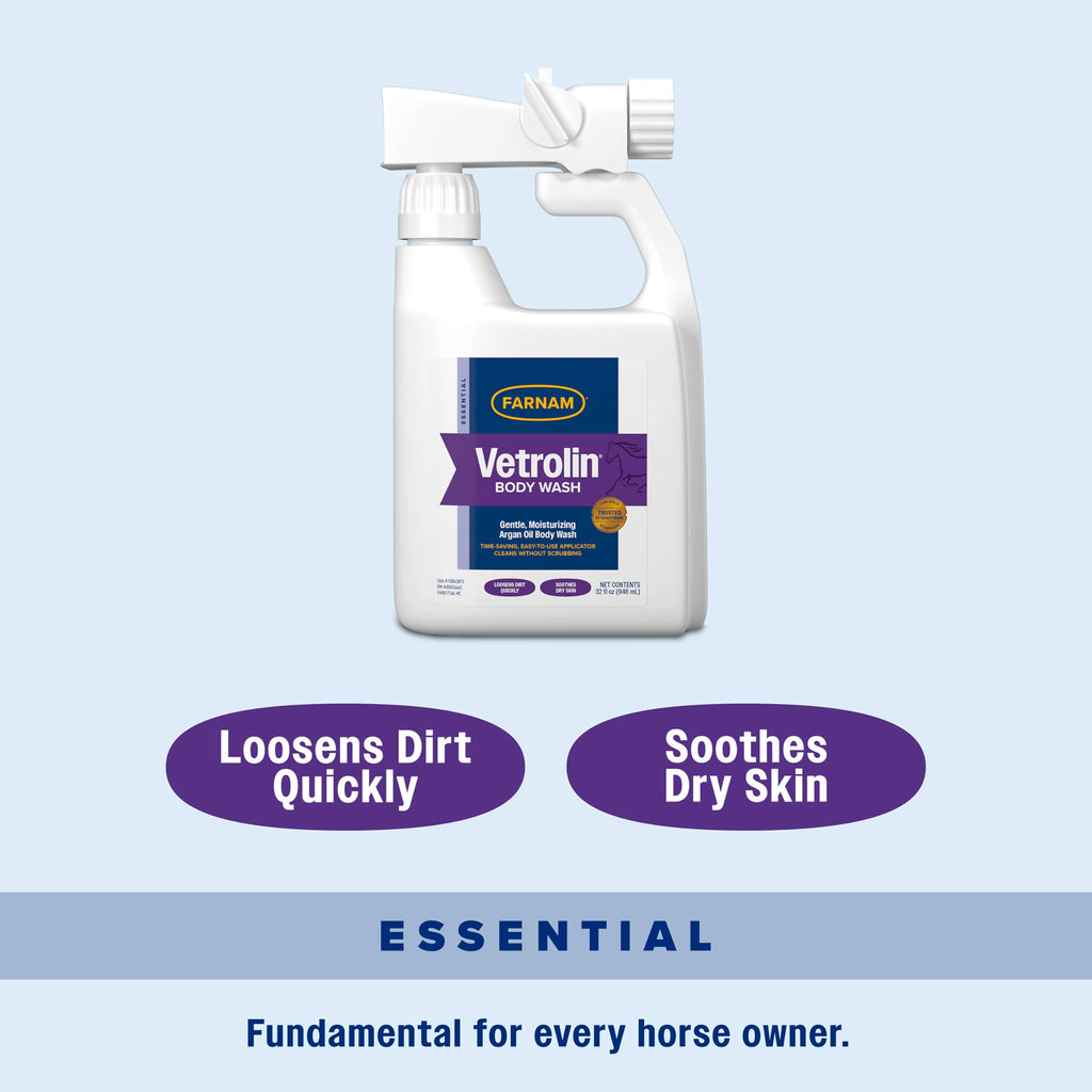 Farnam Vetrolin Body Wash, Time-Saving with No Scrubbing, Gentle and Moisturizing with Argan Oil, Soothes Dry Skin, for Horses and Dogs, 32 fl oz.