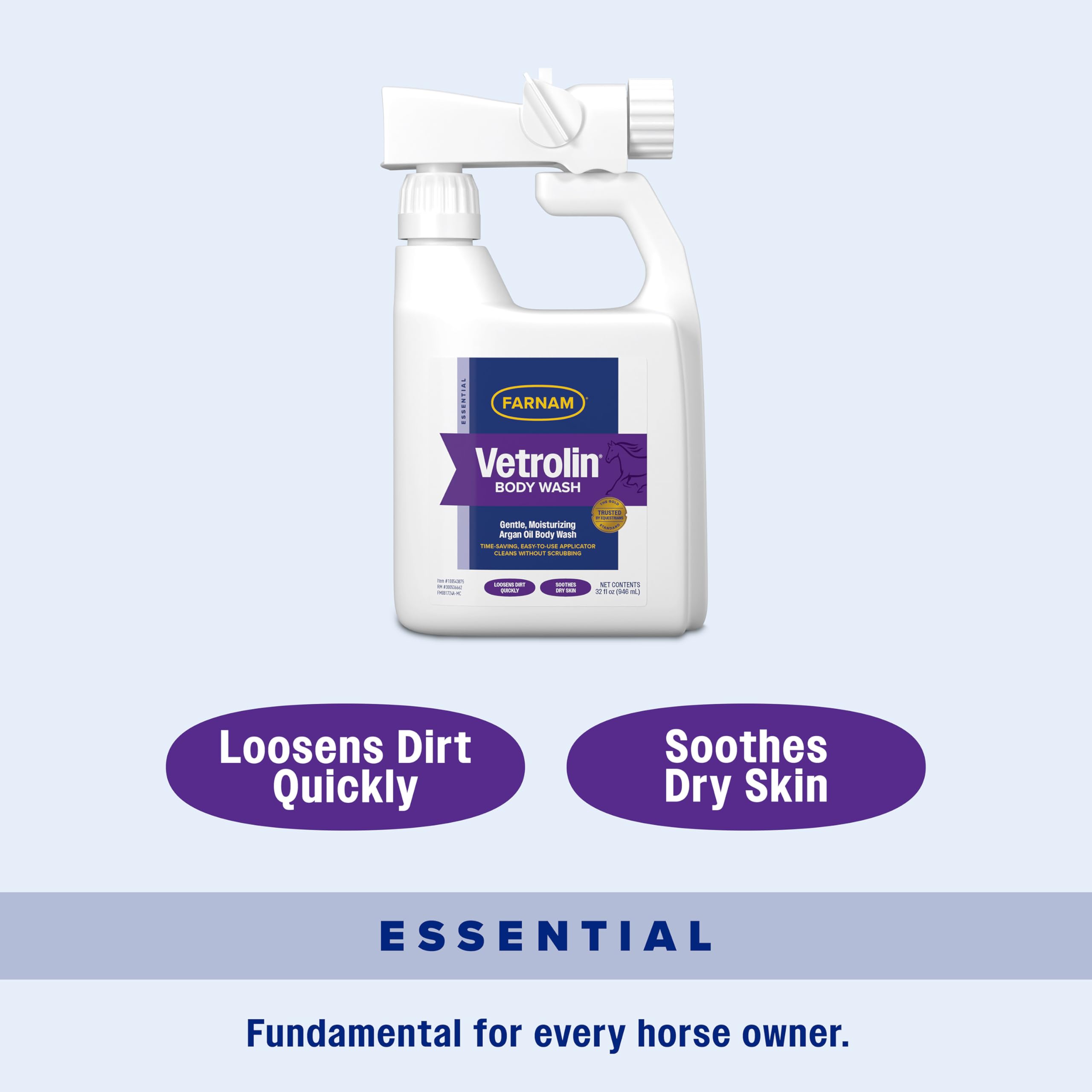 Farnam Vetrolin Body Wash, Time-Saving with No Scrubbing, Gentle and Moisturizing with Argan Oil, Soothes Dry Skin, for Horses and Dogs, 32 fl oz.