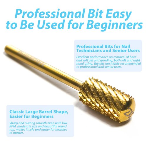 6.6mm Large Barrel Cross Cut Nail Drill Bit, 3/32" Safety Round Top Tungsten Carbide Efile Bit for Fast Hard Gel & Acrylic Removal, Two-Way Rotation, Nail Tech & Beginner, Titanium, Triple Coarse