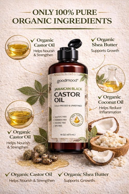 GOODMOOD Jamaican Black Castor Oil, 16 oz, Organic Cold Pressed Unrefined, Pure Castor Oil for Hair Growth, Skin Care, and Belly Fat