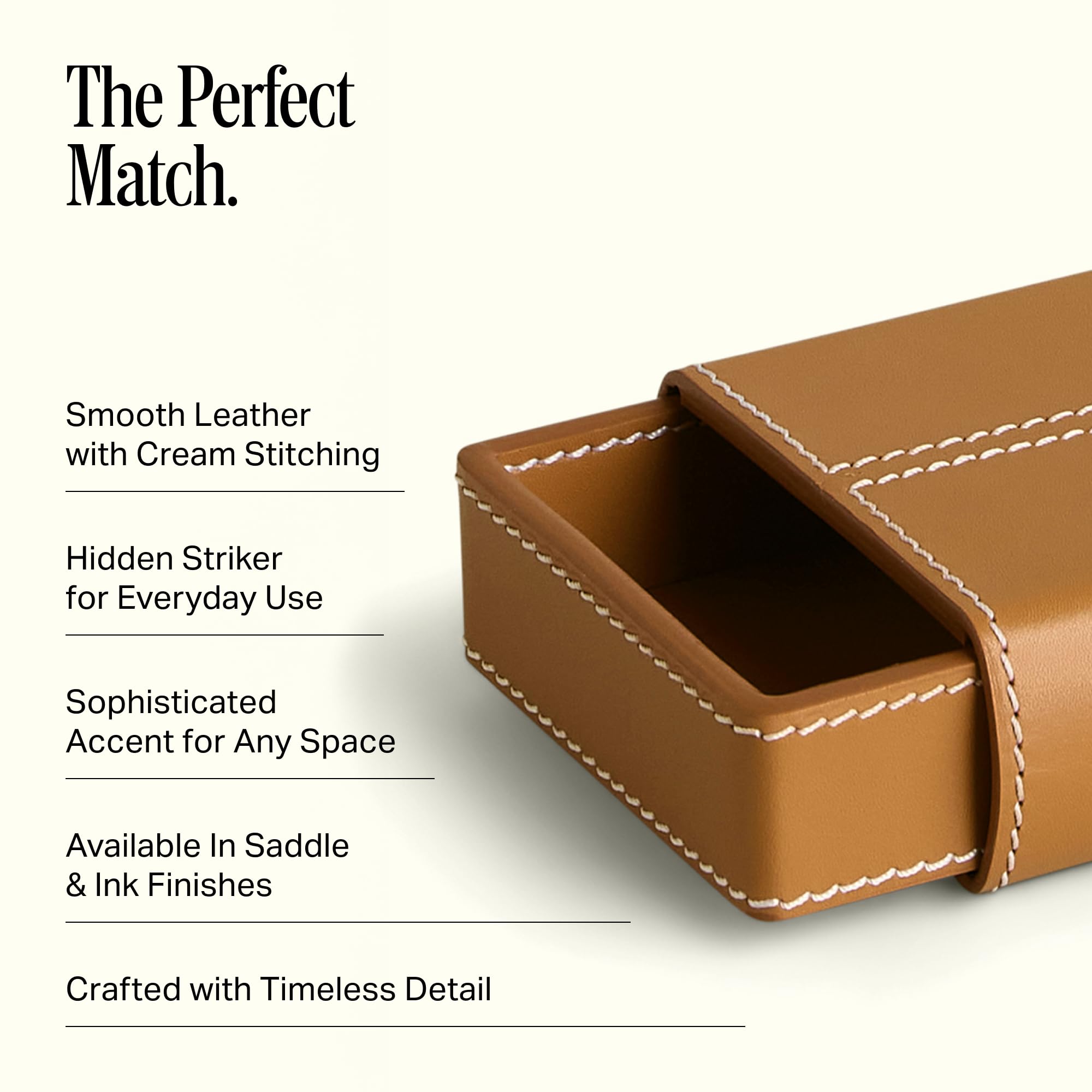 Preston Lane Mayfair Handmade Leather Matchstriker – Decorative Matchbox Holder with Built-In Striker, Stylish Coffee Table & Mantle Accent, Saddle