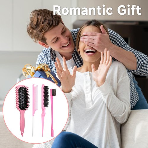 Curl Defining Brush, Curly Hair Brush Products With 3 Pcs Slick Back Hair Brush Set Bristle Brush Edge Control Teasing Comb for women (Pink)