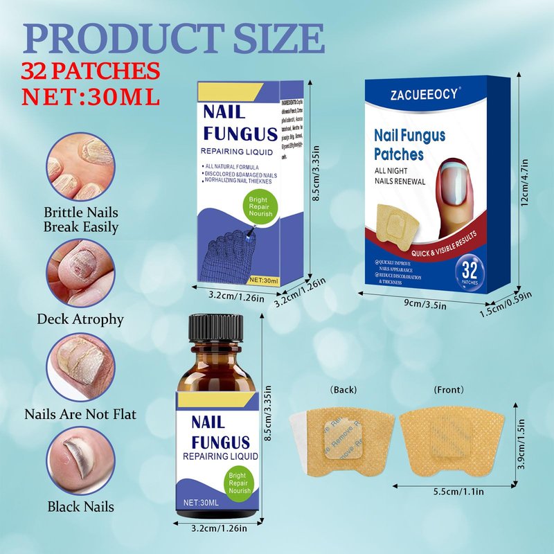 ZACUEEOCY Toenail Fungus Treatment Extra Strength Kit, 30ml Nail Repair Solution and 32 Nail Renewal Patches for Damaged Thick Discolored Toenails and Fingernail