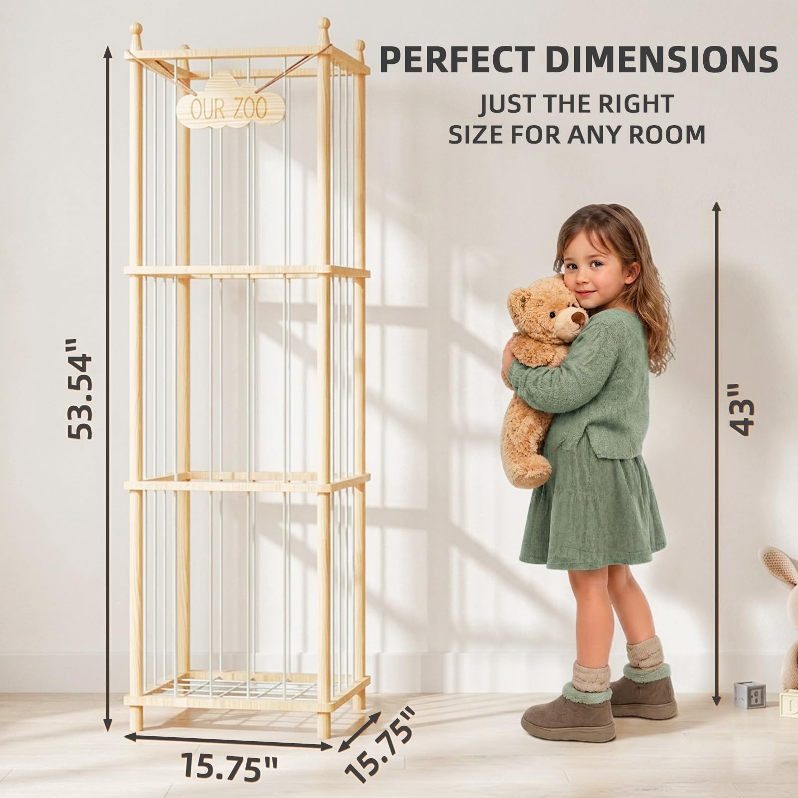 MIRCNY Stuffed Animal Storage Zoo - 54 Inch Large Wooden Toy Organizer | Anti-Tip Design Plushie Storage Rack for Nursery & Playroom | Easy Assembly