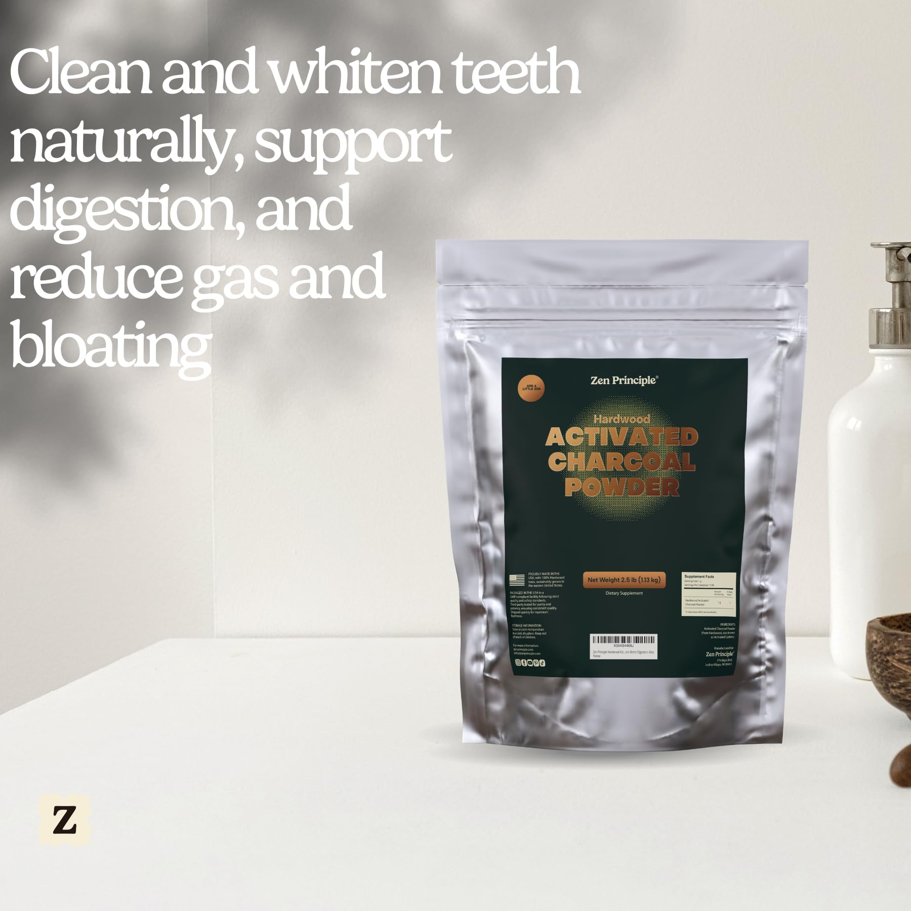Zen Principle Hardwood Activated Charcoal Powder 100 Percent from USA Trees. All Natural. Whitens Teeth, Rejuvenates Skin and Hair, Supports Better Digestion, 40 Oz