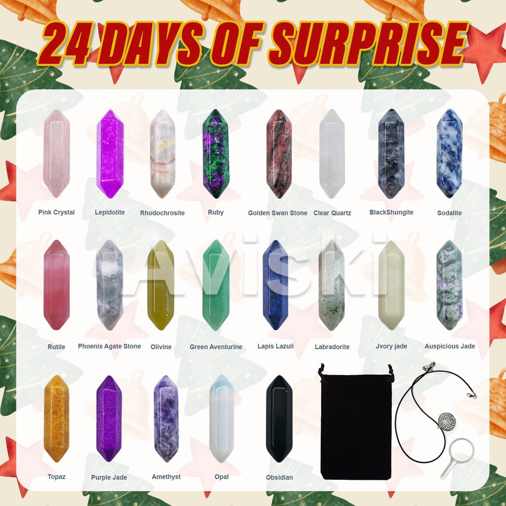 Christmas Crystal Advent Calendar 2025 | Healing Stones Kit with Necklace Holder & Storage Bag