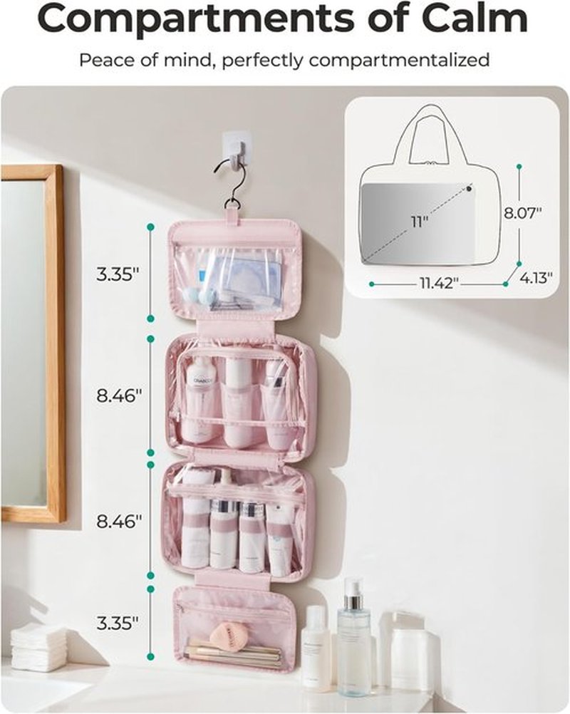 BAGSMART Travel Toiletry Bag - Portable Waterproof Makeup Organizer with Hanging Hook | Pink