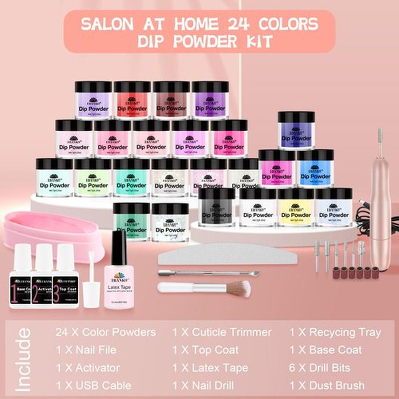 24 Color Dip Powder Nail Kit with Electric Nail Drill Base & Top Coat/Activator Liquid Nail Art Manicure Salon DIY for Daily at Home Party Gifts for Women