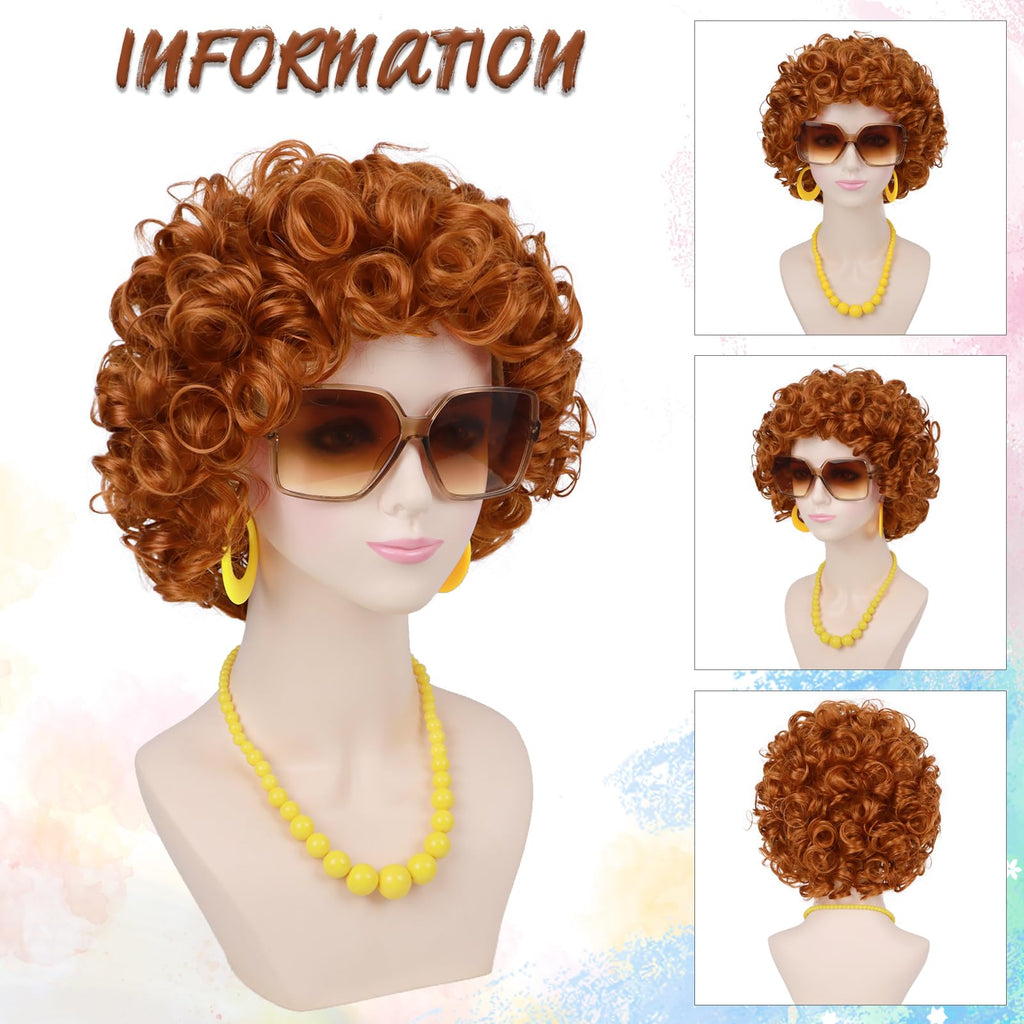 Yargel Hair Orange Wig for Women Landlady Costume Red Orange Curly Synthetic Wig With Yellow Jewelry Necklace+Earrings+Glasses Ginger Wigs For Cospaly Halloween Party Use
