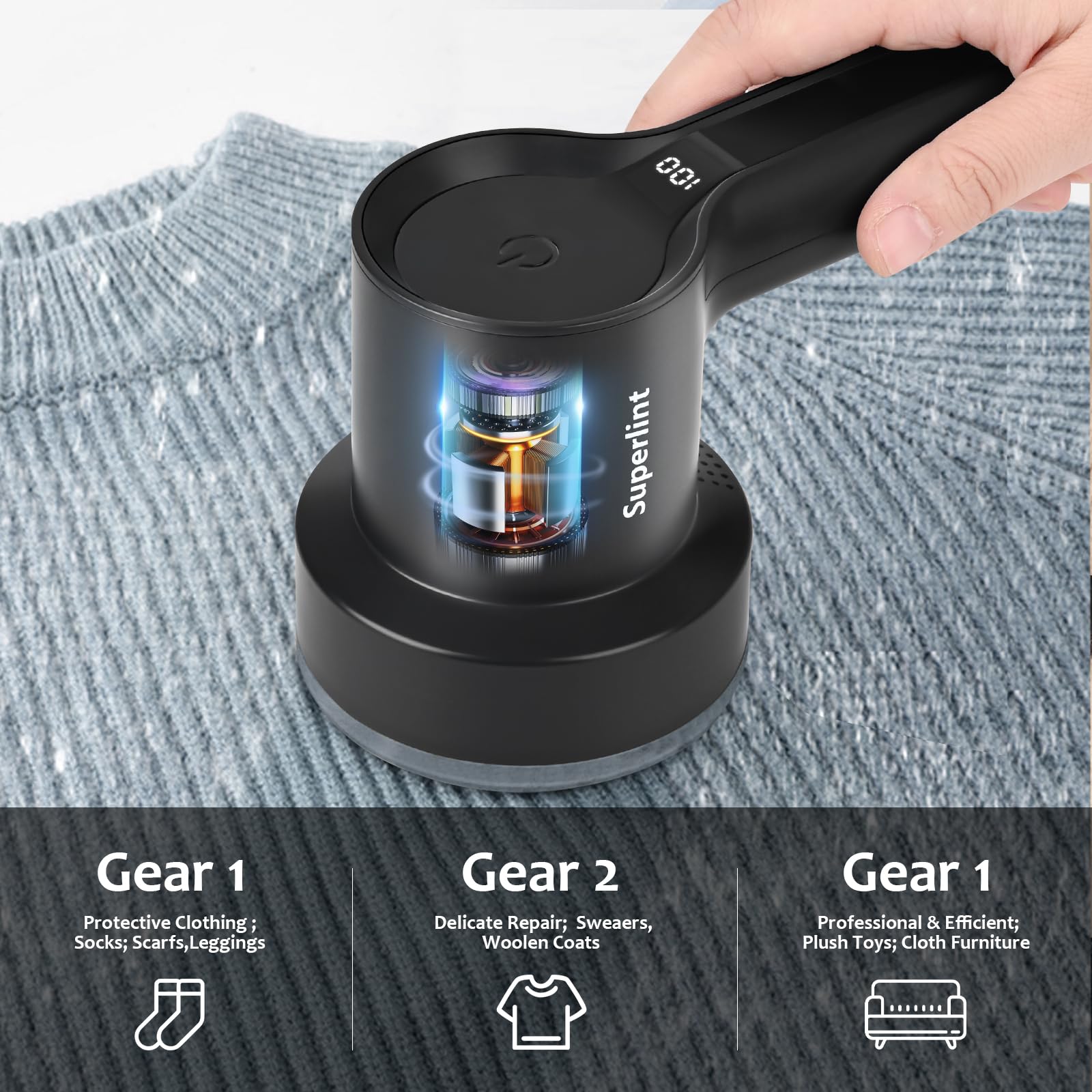 SuperLint 2-in-1 Rechargeable Fabric Shaver LED 3-Speed Lint Remover Black