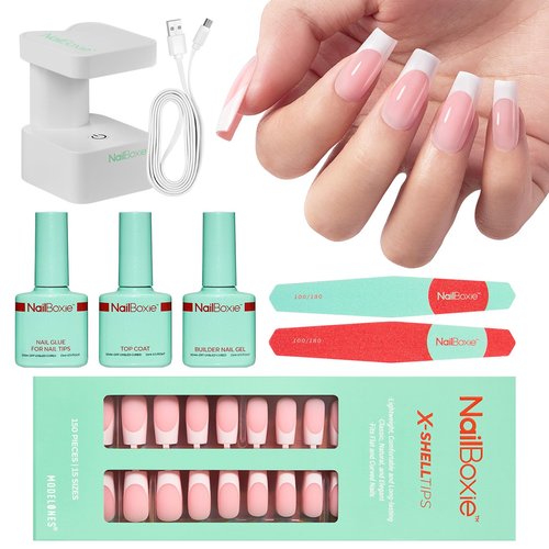 Modelones Gel Nail Kit, Top Coat, Nail Builder Gel and Nail Glue for Nail Tips, Press On Nails Kit with LED Light, 150 PCS Long Pink Square, 15 Sizes French Tip Press on Nails