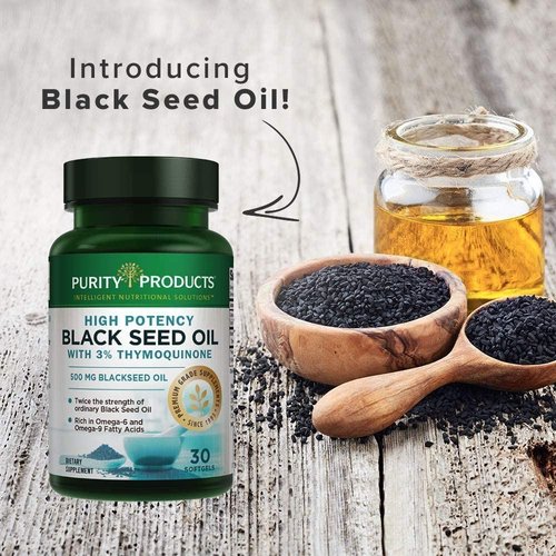 Purity Products High Potency Black Seed Oil - Double Strength + Cold Pressed - 3% Thymoquinone - 500 mg Black Cumin Seed Oil - Omega 6 + 9 Essential Fatty Acids - Easy to Swallow - 30 Mini Softgels