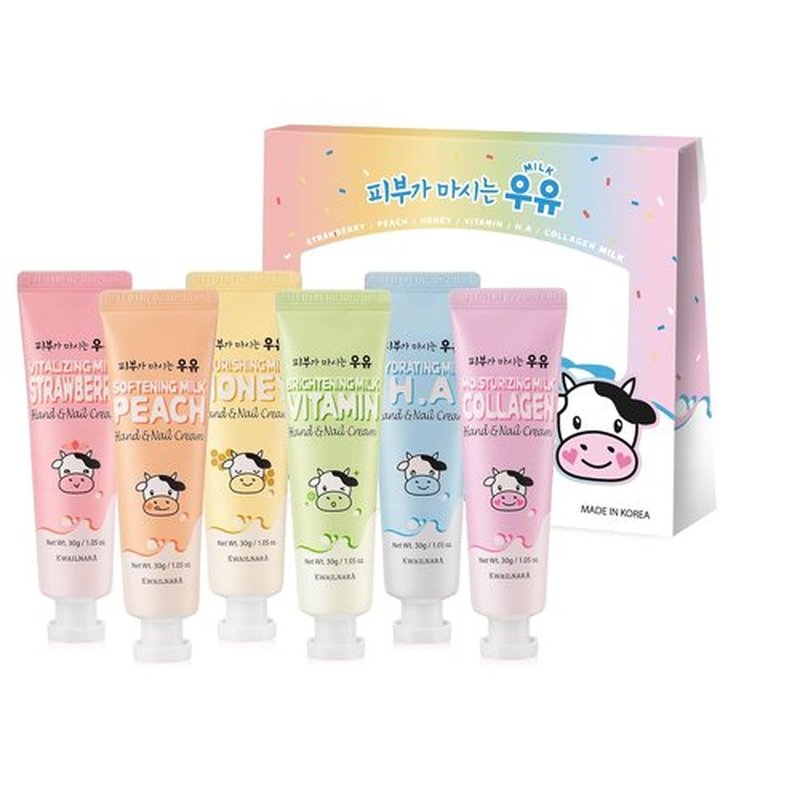 KWAILNARA Milk Hand & Nail Cream Gift Set - Nourishing K-Beauty Variety Pack | 6 Scents: Strawberry, Peach, Honey, Vitamin, Hyaluronic & Collagen