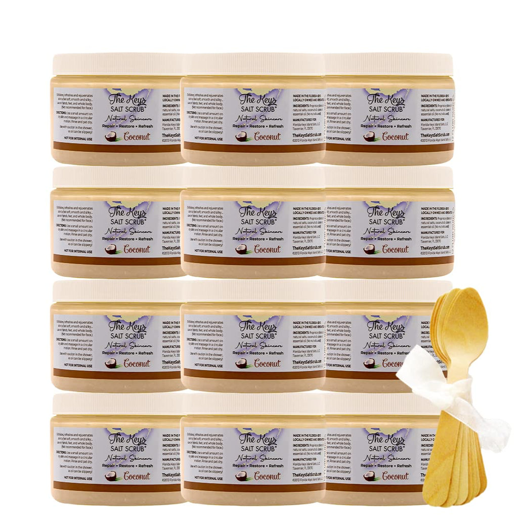 The Keys Salt Scrub -Sea Salt Scrub - Exfoliating Body Scrub with Wooden Spoon - Moisturizing Exfoliator for Hands, Foot, Bath, (12 Ounce (Pack of 12), Coconut)