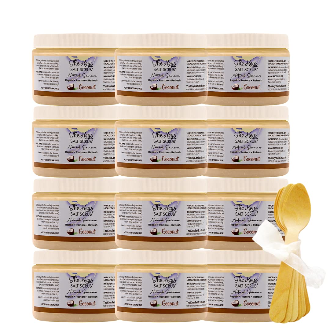 The Keys Salt Scrub -Sea Salt Scrub - Exfoliating Body Scrub with Wooden Spoon - Moisturizing Exfoliator for Hands, Foot, Bath, (12 Ounce (Pack of 12), Coconut)