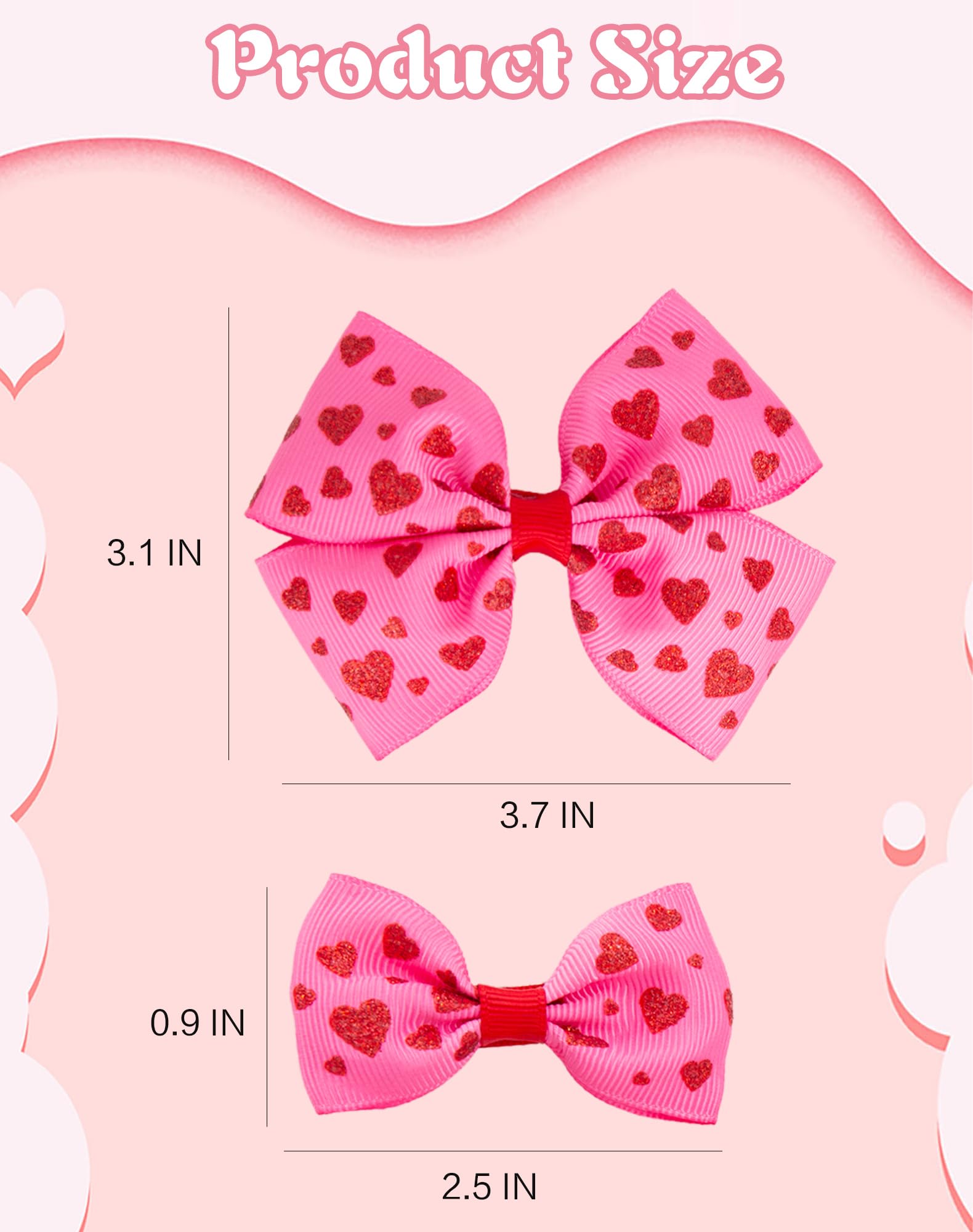 Valentines Day Hair Bow Clips Set, 4PCS Glitter Red Heart Hair Accessories for Girls & Teens, Non Slip Metal Hairpin Love Valentines Day Bows for Ponytail & Braids - Hot Pink
