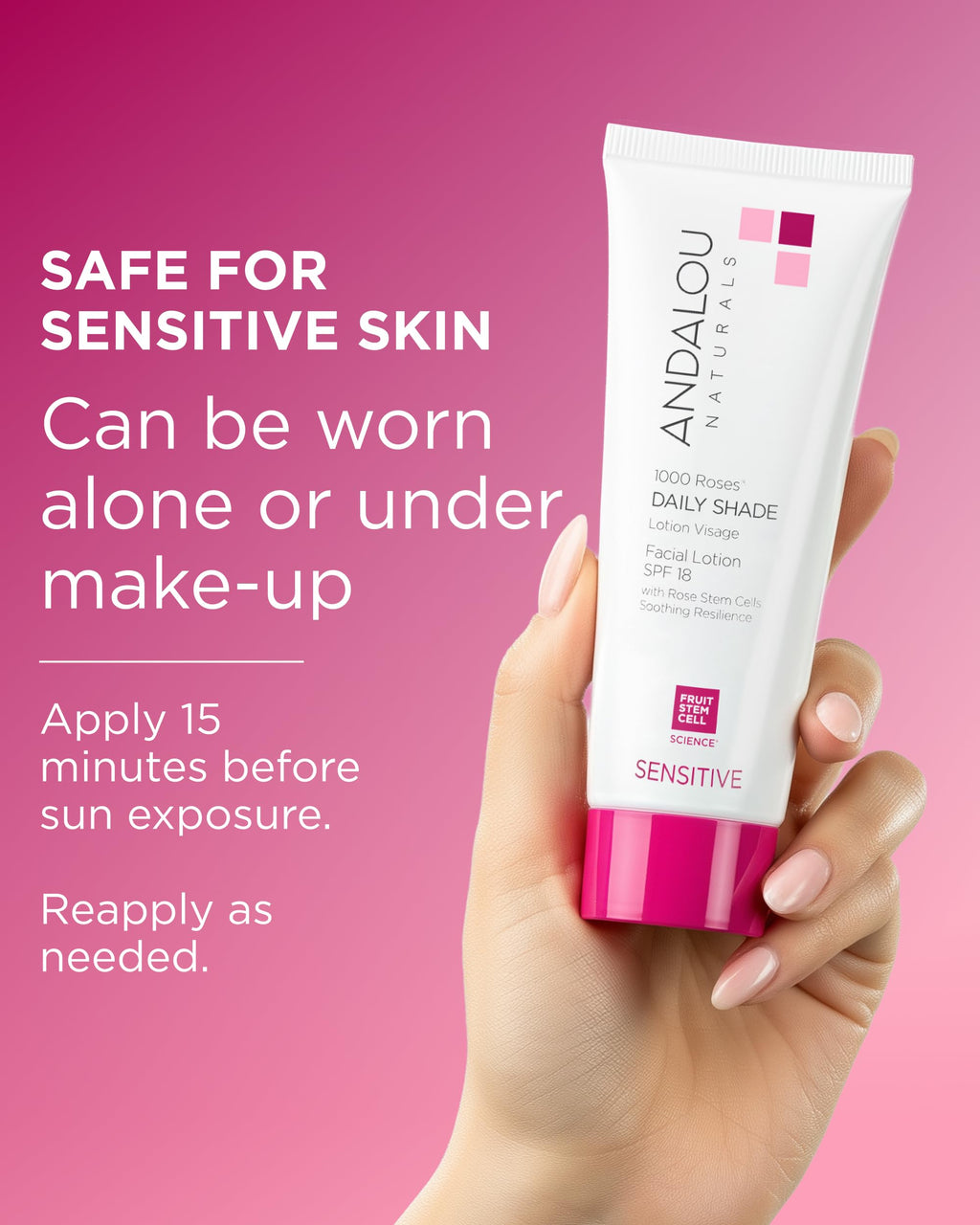 Andalou Naturals 1000 Roses Daily Shade Facial Lotion SPF 18 - 2-in-1 Skin Moisturizer & Face Sunscreen - Ultra Sheer & Hypoallergenic Skincare for Sensitive Skin - With Aloe Vera - 2.7 fl oz