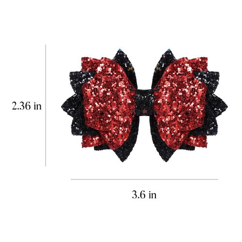 Glitter Bow Hair Clips 4 Layers Sparkly Sequin Hair Bows 3.6 Inch Kids Girls Holiday Cheer Hair Accessories for Halloween Christmas Birthday, Red & Black