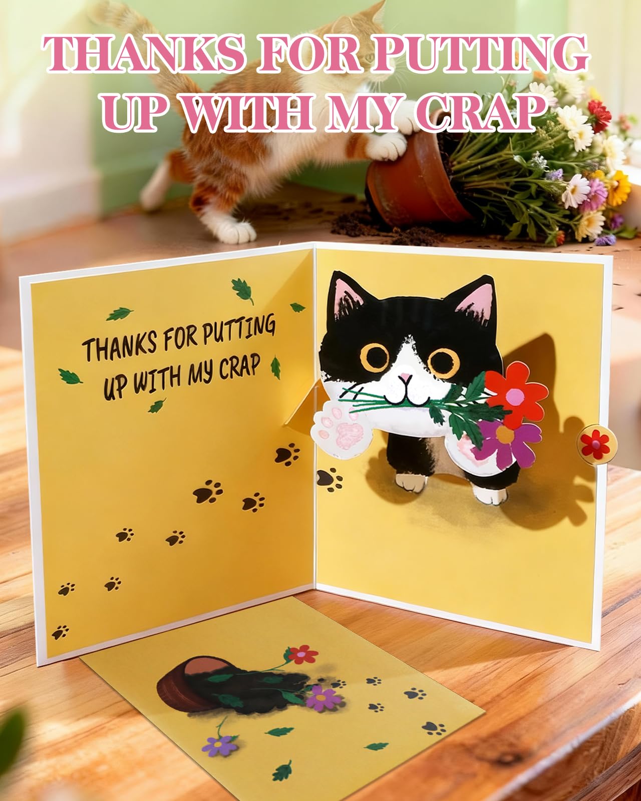 Coralogo Funny Cat Father's Day Pop Up Cards - 3D Card for Cat Dad Mom Husband Grandpa Men Him - Thanks for Putting up with My Crap - Fun Gift for Birthday Mother's Day Thank You from Son Daughter