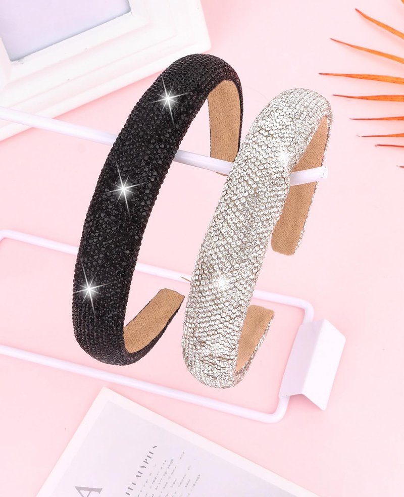 Wecoe 2pcs Rhinestone Headbands Women Girls Sparkly Bling Diamond Silver Black Headband Fashion Comfortable Head Band Non Slip Birthday Wedding Formal Hair Accessories For Women Girls Gifts