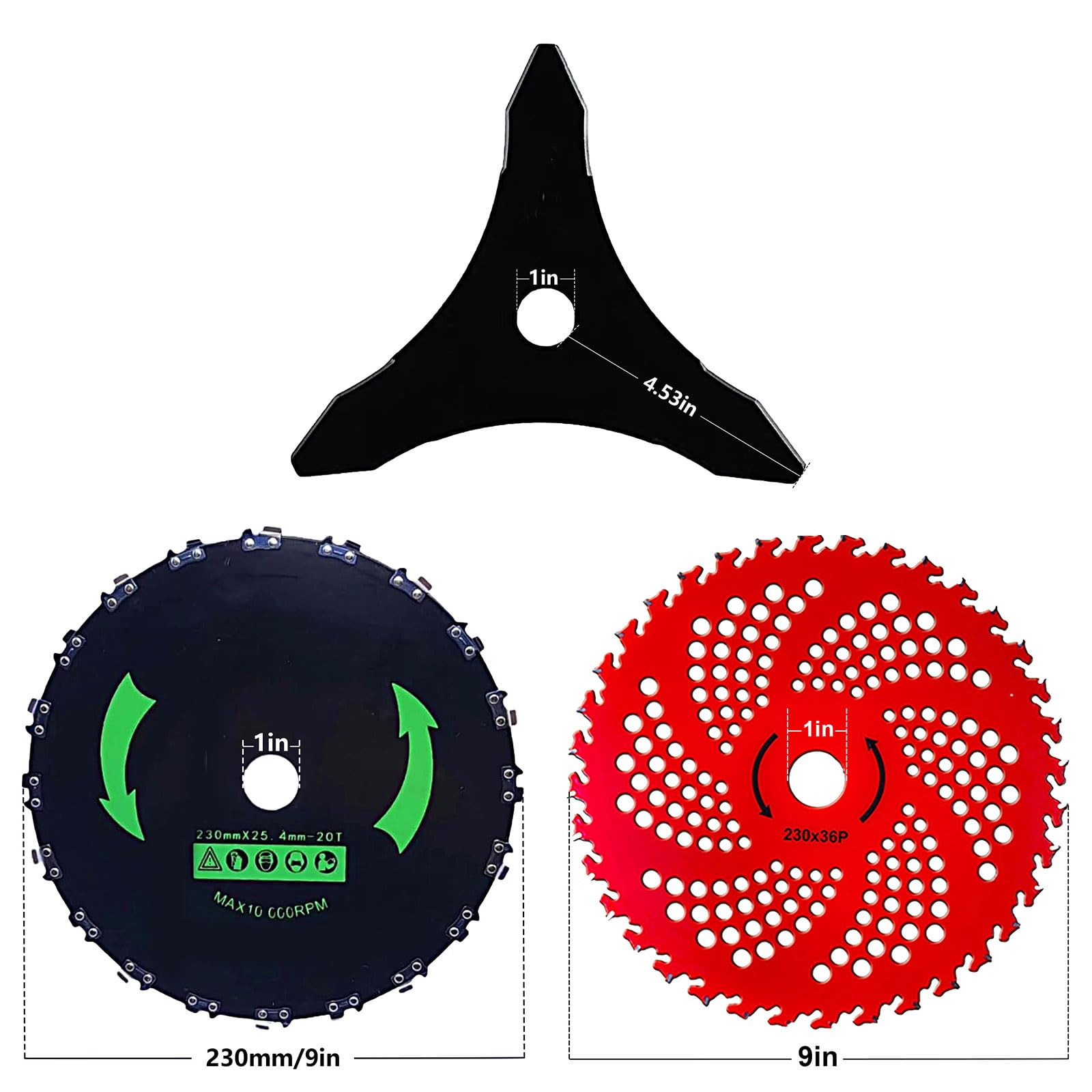 GOROBU Brush Cutter Blade Set with Adapter Kit, 9" 20T Chainsaw Tooth Cutter, 9" 36T Carbide Tipped Blade, 10" 3T Carbon Steel Blade, for Stihl Husqvarna Sears Echo Poluan Redmax Shindaiwa