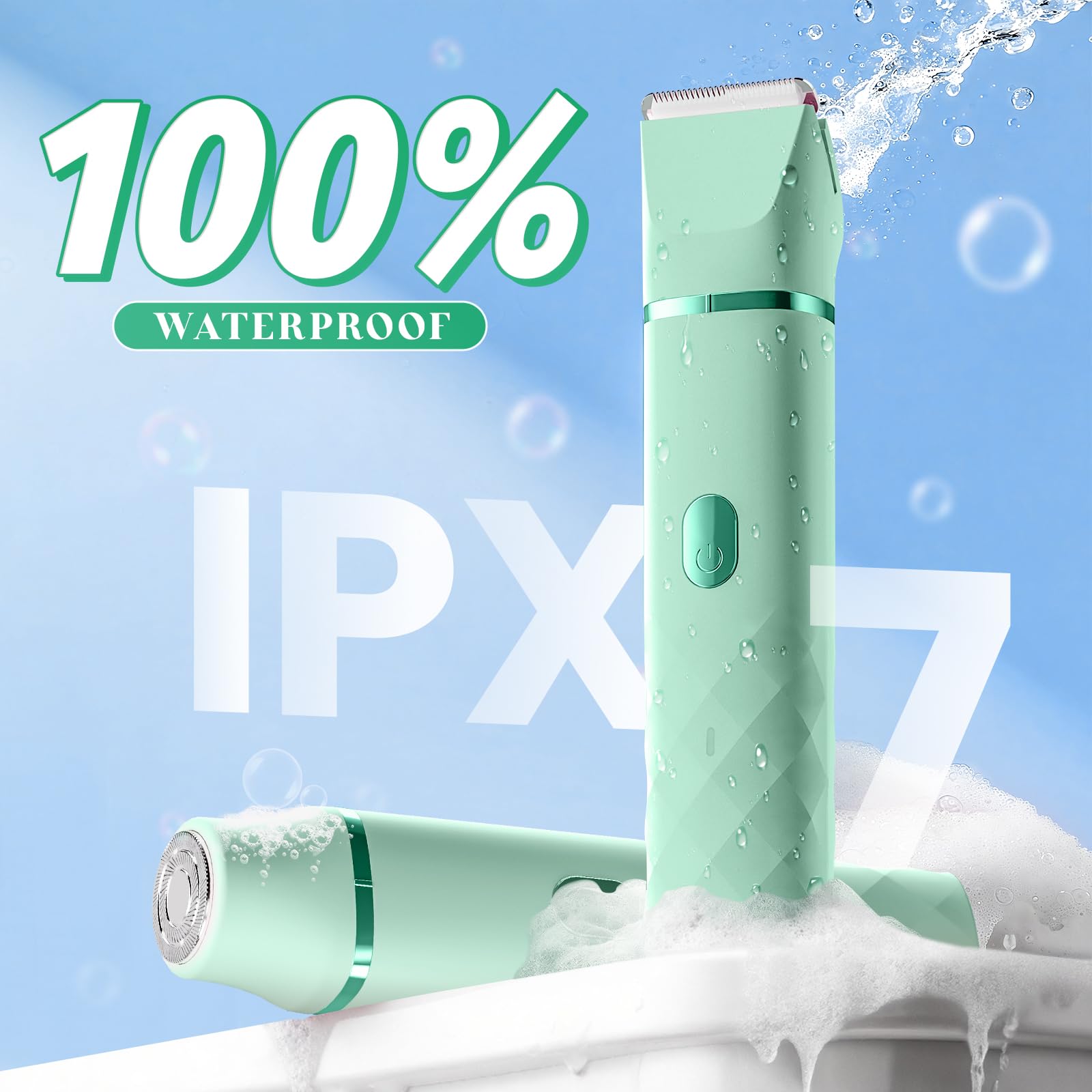 Bikini Trimmer for Women, IPX7 Waterproof, Painless Rechargeable Electric Razor Remover, 2-in-1 Facial & Pubic Hair Removal for Sensitive Skin, Portable Travel Size, Women’s Gift, Green