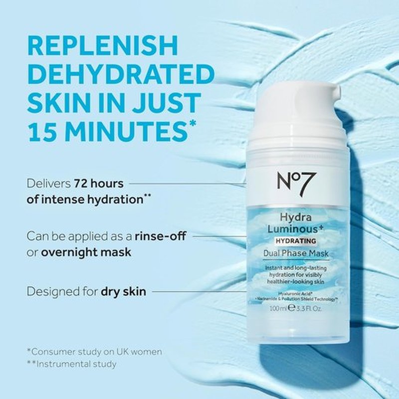 No7 HydraLuminous+ Hydrating Face Mask - Dual Phase Overnight Treatment with Hyaluronic Acid & Vitamin B3 (3.5 Fl Oz)