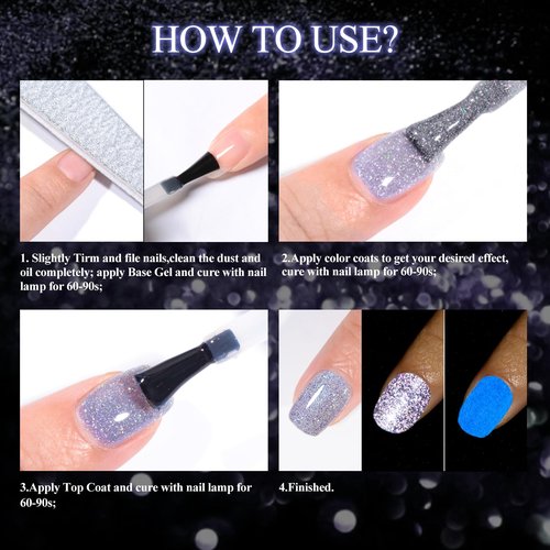 MEET ACROSS Glow in Dark Gel Nail Polish, 6 Colors Luminous Glitter Gel Polish Set, Reflective Glitter Gel Polish Manicure Kit, Purple Pink Green Sparkly Gel Nail Kit Gift for Beginners DIY at Home