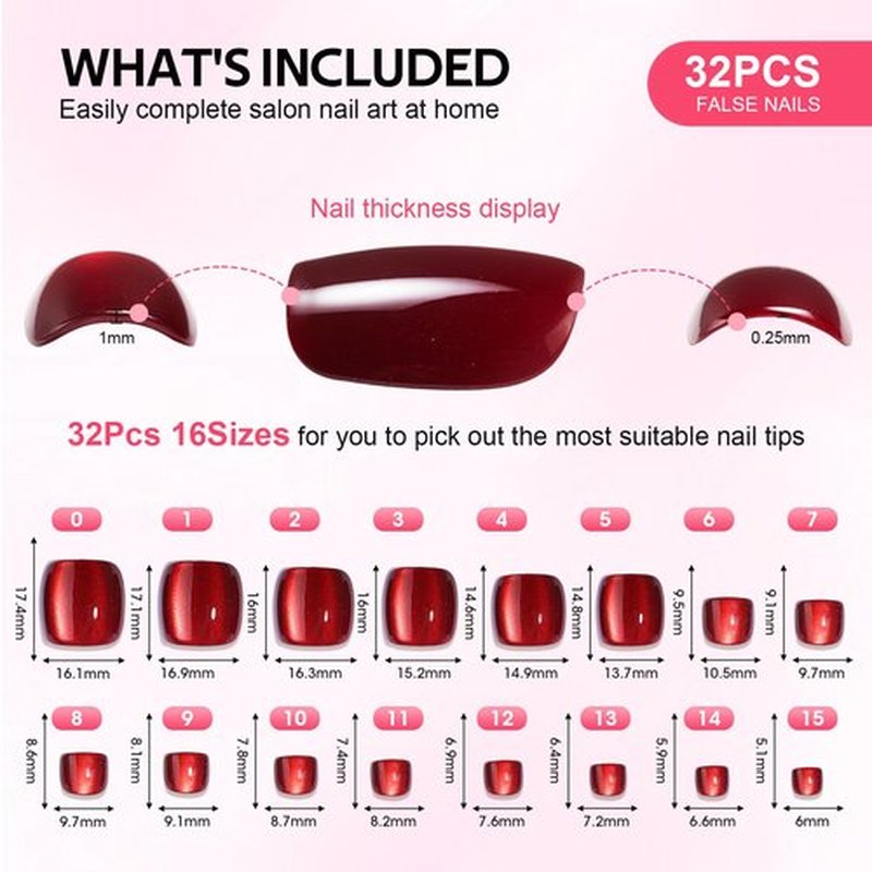 Press on Toenails Short - Findigit Toenail Press Ons Square for Girl Women, Press on Toe Nails with Glue, Fake Toenails in 16 Sizes- 32 Toenails Kit,Red Cat Eye
