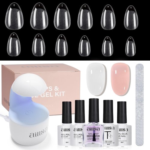 AILLSA Nail Extension Kit Short Almond Nail Tips 240pcs with 2 In 1 Nail Glue Base Coat and Nail Dehydrator, Gel Nail Tips Kit with Nail Lamp Top Coat for Starters Home Salon Valentine's Day