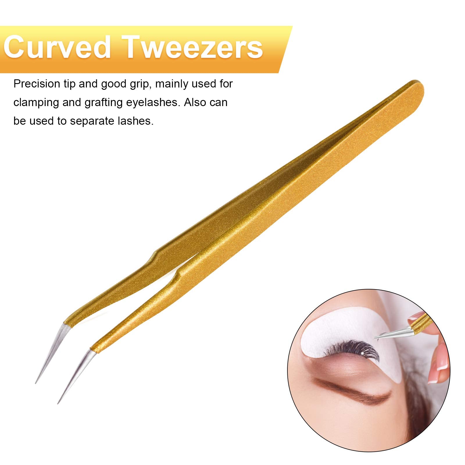 2 Pieces Straight and Curved Tip Tweezers Eyelash Extension Tweezers, Stainless Steel False Lash Application Tools (Gold)