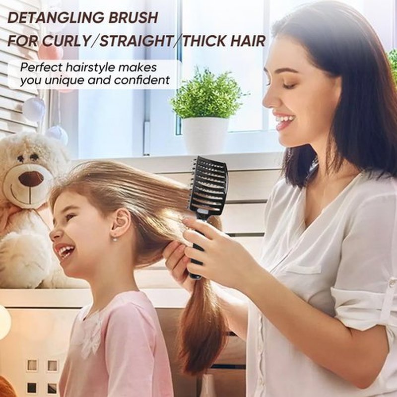Kertiberif Boar Bristle Hair Brush 2PCS, Curved Vented Detangling Brush for Wet and Dry Hair, Styling Paddle Hairbrush for Women Men Kids Curly Straight Thick Long or Short Hair