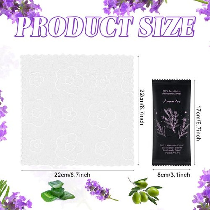 Hot or Cold Moist Cotton Towel Bulk Moist Towelettes Individually Wrapped 8.7" x 8.7",White Towel Services,Refreshment Pre Moistened Towels Lavender Scent for Travel Sport Party Spa Dentist Hotel100