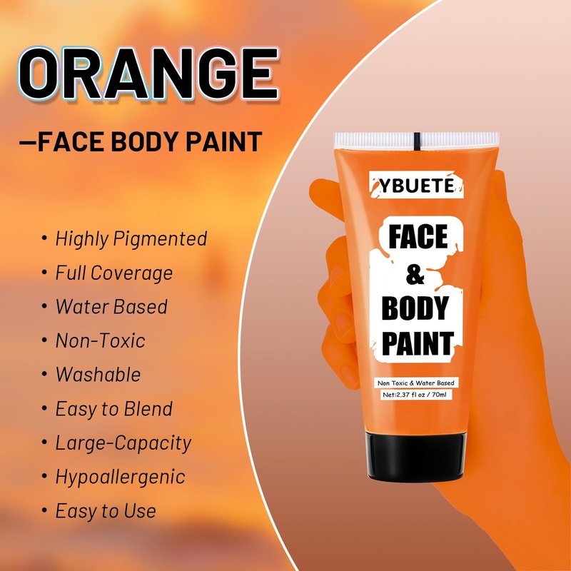 YBUETE Orange Water Based Face Body Paint, 2.37 OZ Large Tube Full Coverage Face Paint for Tiger Pumpkin Cosplay, Washable Orange Body Painting Cream for Adult Carnival Halloween SFX Makeup
