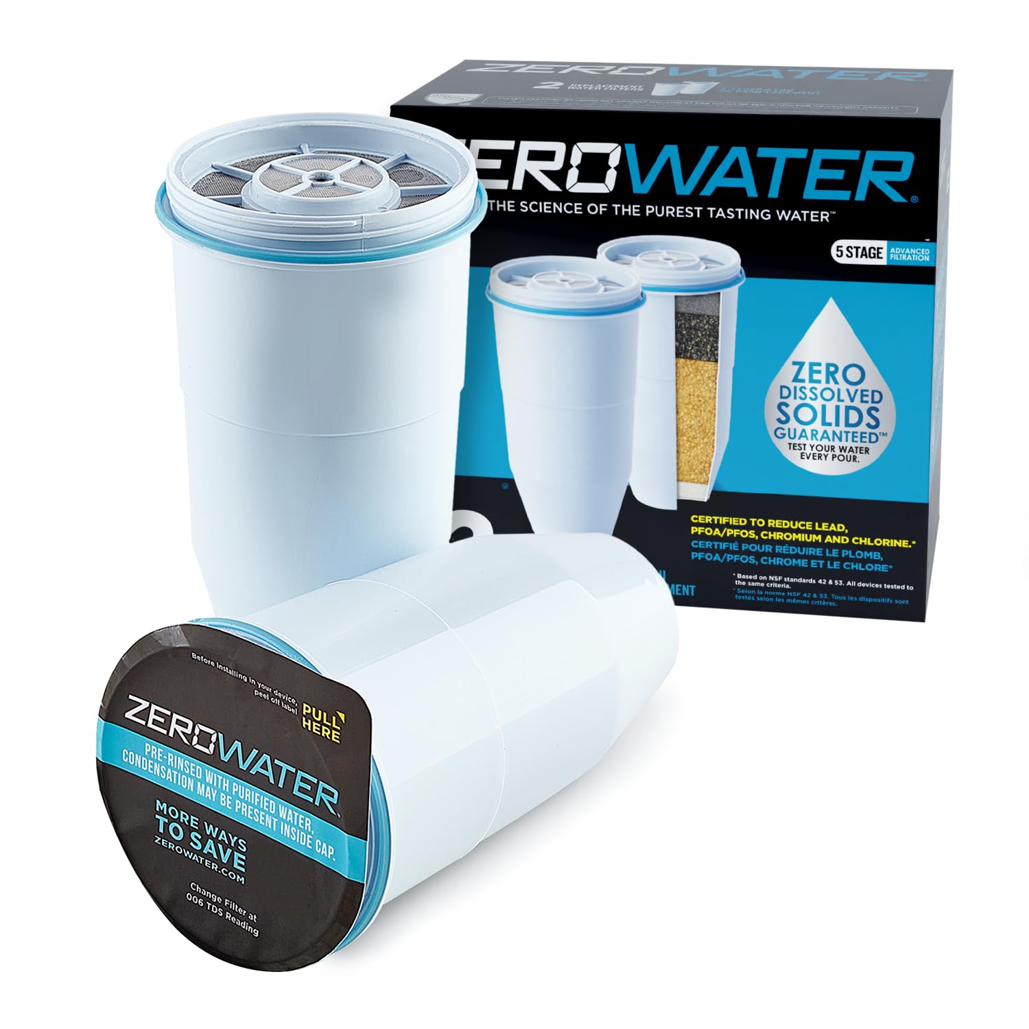 ZeroWater, Official Replacement Filter - 5-Stage 0 Tds Filter Replacement - System Iapmo Certified to Reduce Lead, Chromium, and Pfoa/Pfos, 2-Pack
