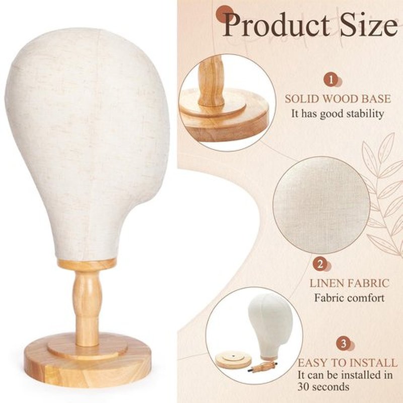 GOODColla White Wooden Mannequin Head Stand Canvas Wig Head Stand with Detachable Wood Stand Linen Hat Dispaly Model Head for Caps Mannequin Head with Detachable Wood Base