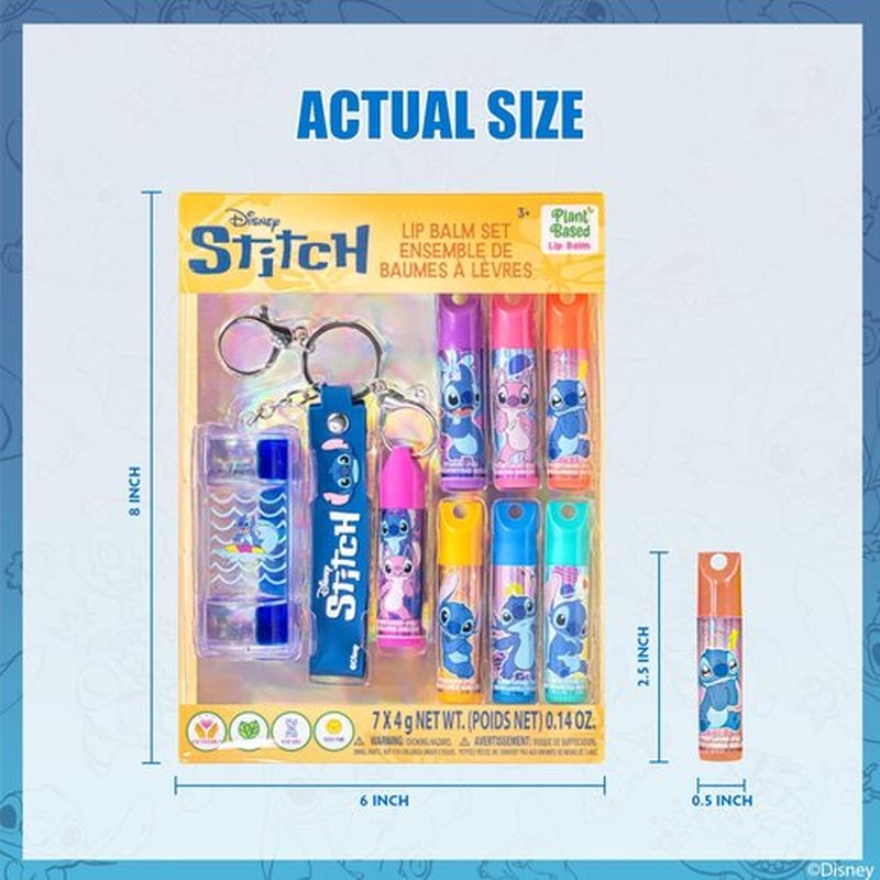 Stitch 7 Pack Lip Balm with Keychain, Plant Based Lip Balm for Girls, Kids Chapstick Age 3+ by Townley Girl