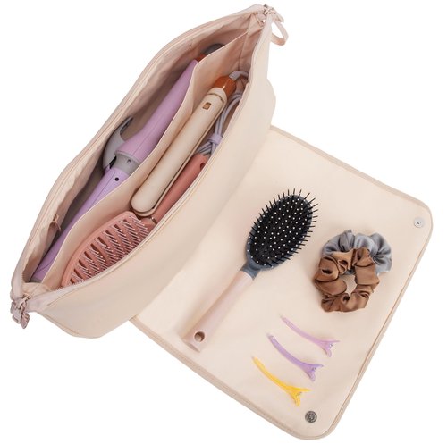 Aerotrunk Hair Tools Organizer - Hot Hair Tools Travel Bag with Heat Resistant Mat, Large Capacity Pouch for Flat Irons, Curling Wands, Hair Dryers - Beige