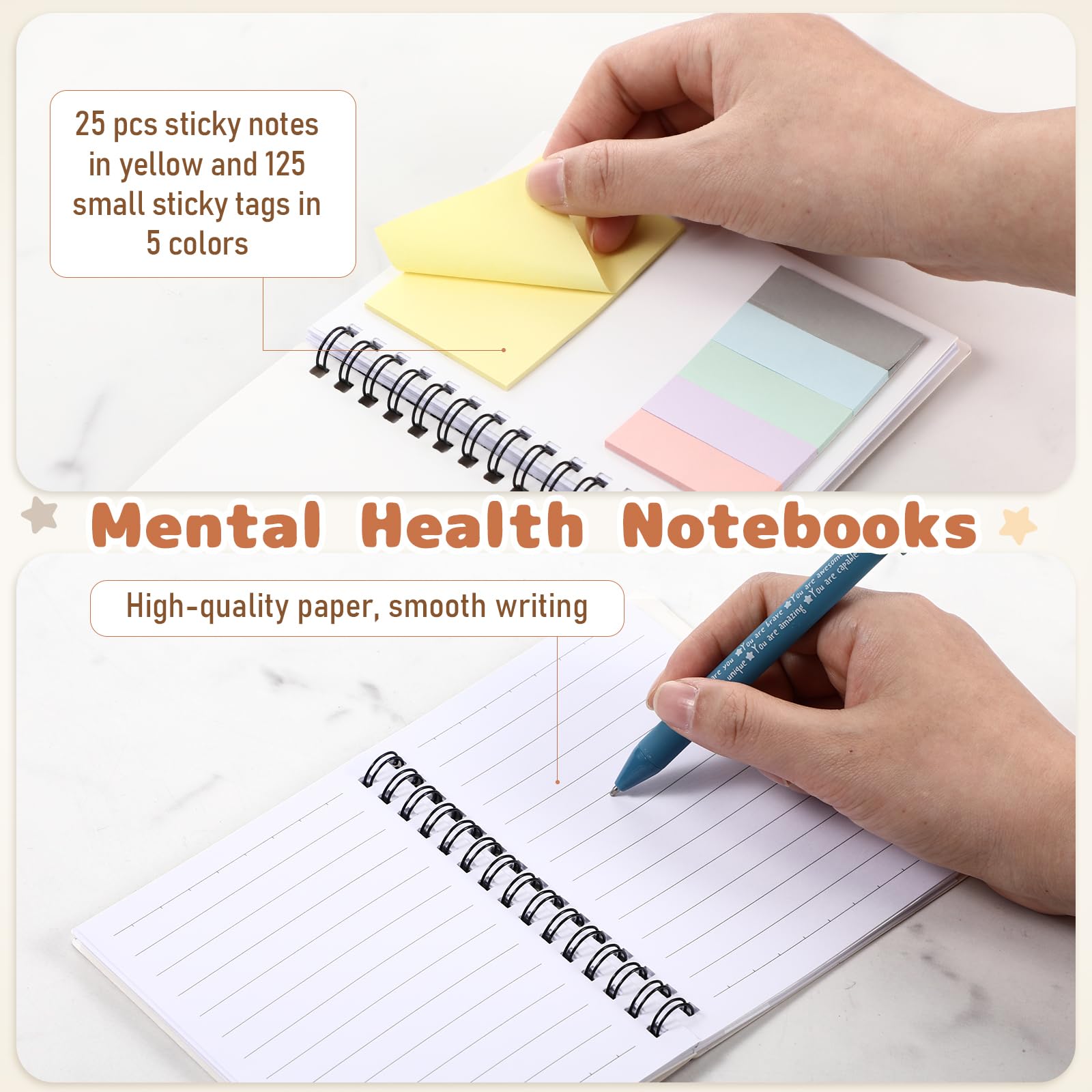 Janlaugh 60 Pcs Mental Health Gifts for Women Men Self Care Items Bulk Include 30 Mental Health Notebooks with Sticky Note 30 Positive Pens Affirmation Journals Wellness Gifts for Coworker Student