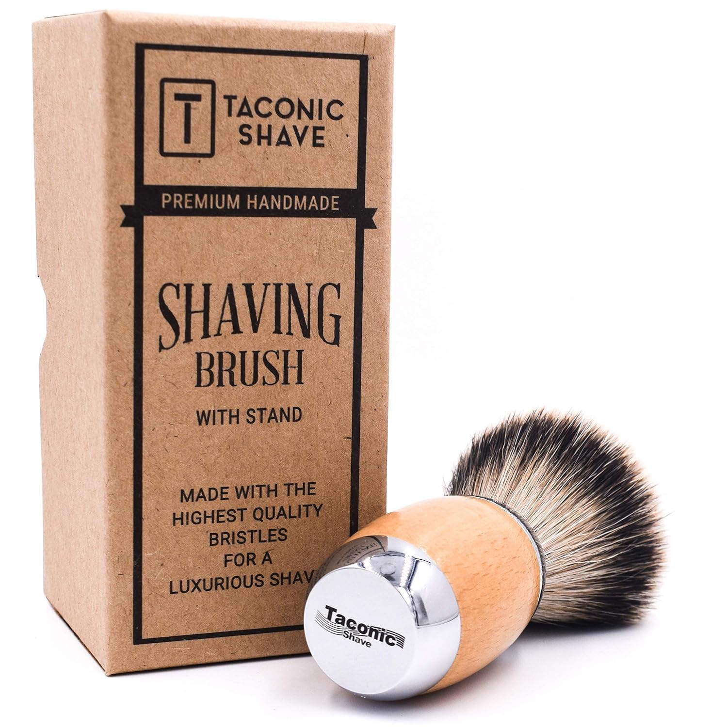 Taconic Shave's Extra Dense 100% 3-Band Silvertip Badger Luxury Shaving Brush –Deluxe Beechwood and Chrome Handle - Shaving Stand Included