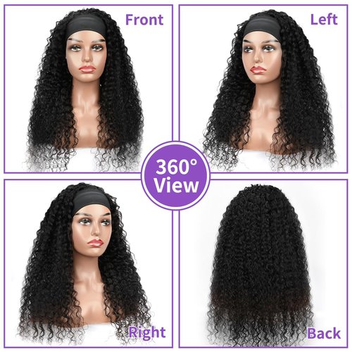 QCCSRR Headband Wig Human Hair Curly 18 Inch Glueless None Lace Front Deep Curly Wig Wear and Go Wigs for Black Women Machine Made Headband Half Wigs 180% Density Natural Color