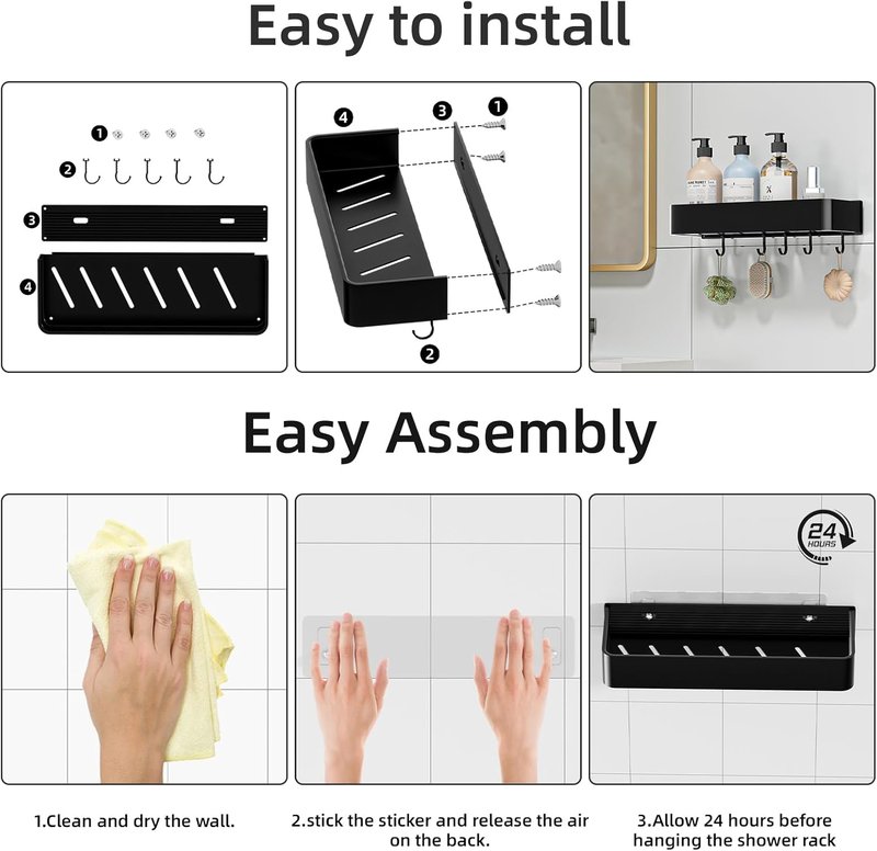 Wisfame Shower Caddy - Adhesive No Drill Rustproof Bathroom Shelf | 2 Pack Large Capacity Aluminum with 5 Hooks - Black