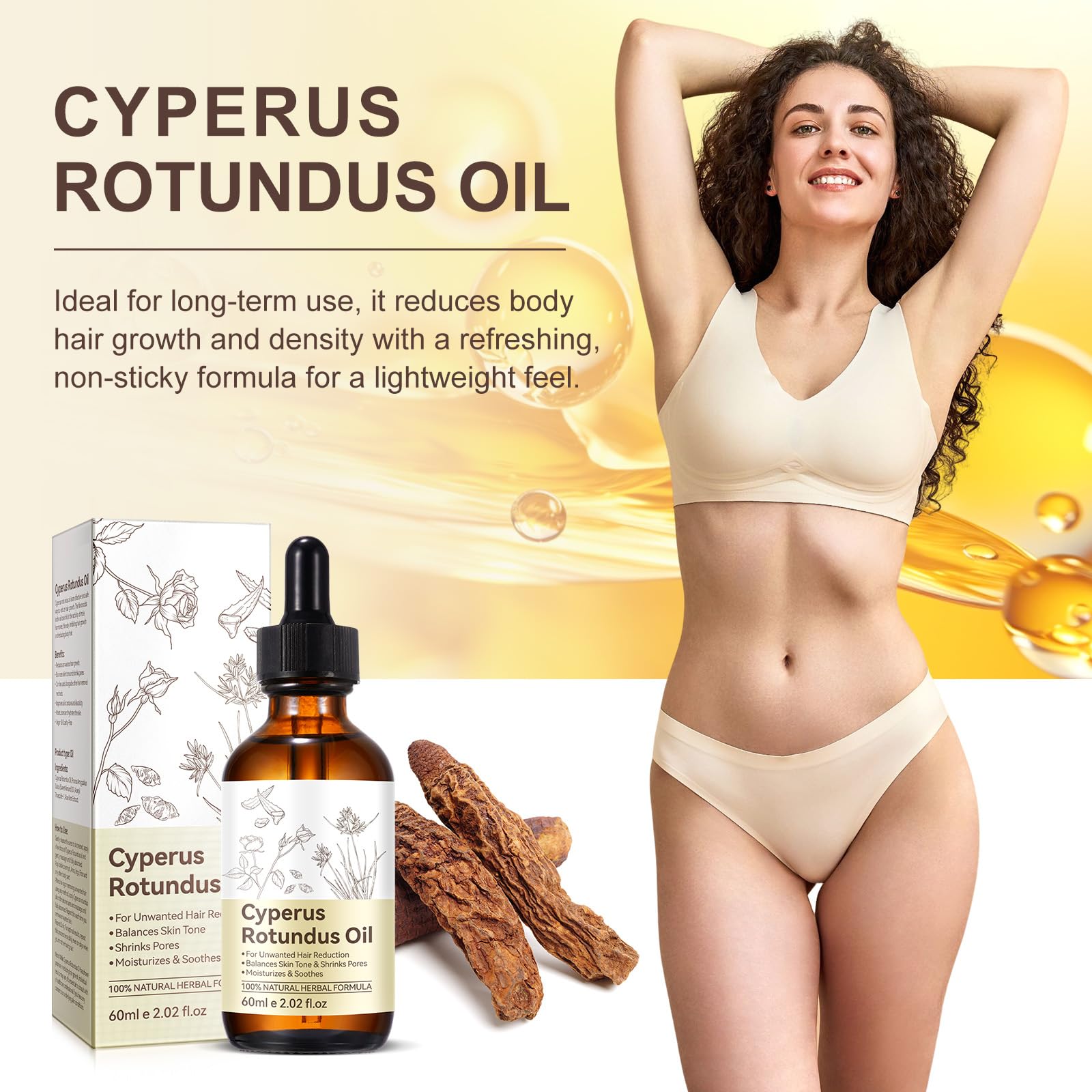 ZIXAOK Natural Cyperus Rotundus Oil for Hair Reduction | Slows Unwanted Body Hair Growth on Face, Arms, Bikini Line | Balances Skin Tone & Moisturizes | 100% Pure, All Skin Types | 2.02 Fl Oz