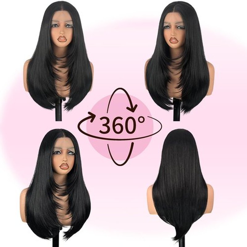 Su Mei.s 13X4 Black Synthetic Lace Front Wig Long Straight Glueless Wigs for Women HD lace layered Pre Plucked Hairline (1B Black, 13X4)