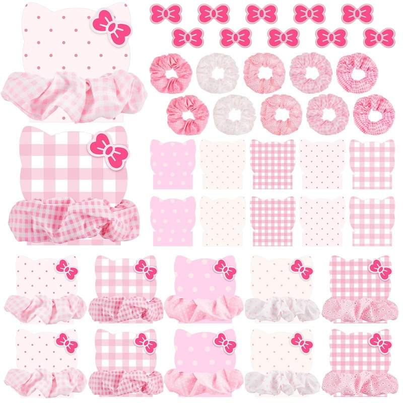 Yuxung 10 Sets Pink Cat Hair Accessories for Women Pink Cat Party Favors Kitten Bow Hair Clips Satin Scrunchies Barrettes Cute Ponytail Holder for Cartoon Kitten Birthday Party Supplies Spa Gifts