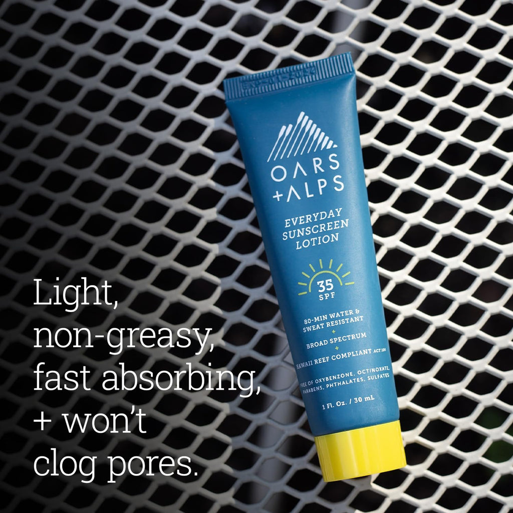 Oars + Alps Travel Sunscreen Body Lotion for Everday Use, SPF 35 Body & Face Sunscreen Lotion, Infused with Aloe & Vitamin E, No Residue, Water & Sweat Resistant, All Skin Types, Lightweight, 1oz, 5pk