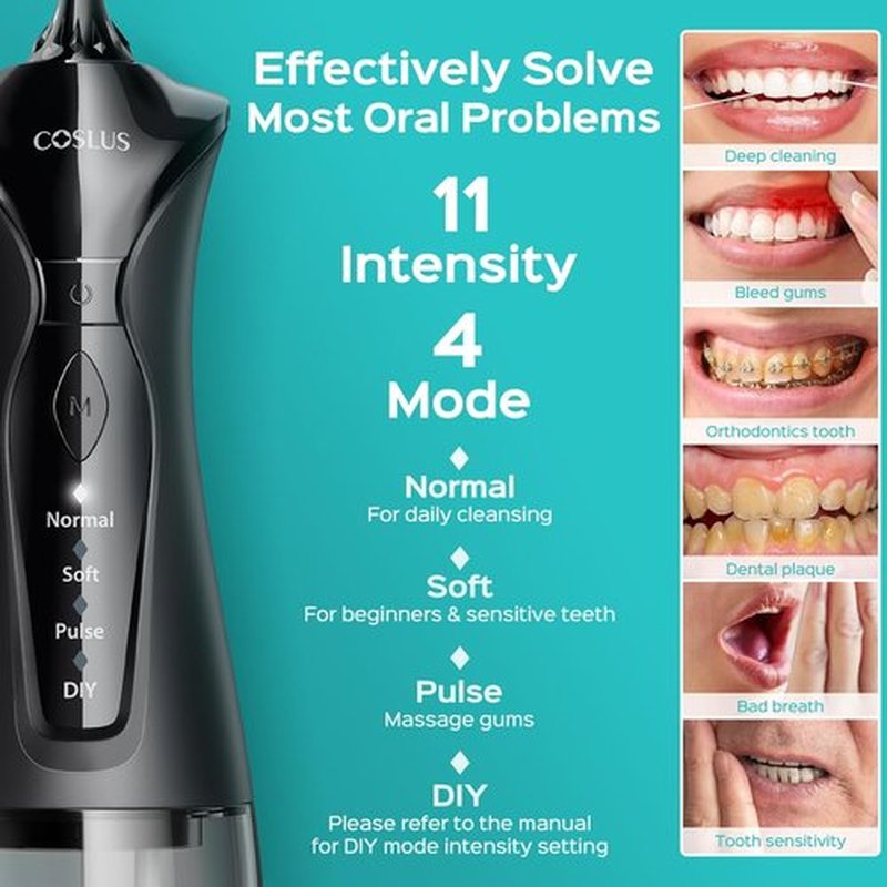 COSLUS Water Flosser Set - 2-Pack C30 Dental Picks with 3 Modes & 8 DIY Levels for Sensitive Gums | Black & Green