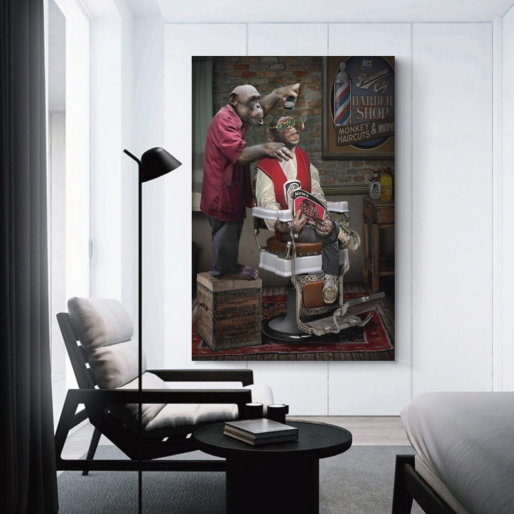 Barber Shop Monkey Haircuts Poster Decorative Painting Bathroom Decor Living Room Canvas Wall Art UnFramed,16x24inch(40x60cm)